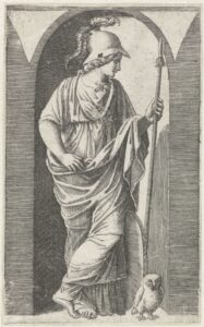Minerva with Armor and Owl. Gods and Muses and Young Women, by Marcantonio Raimondi, after a design by Raphael.