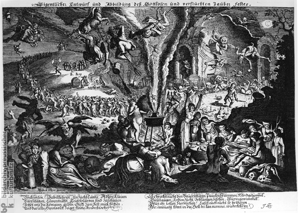 Engraving from the 17th century by Michael Herr, depicting the events on the Blocksberg on Walpurgisnacht, accompanied by verse from the German poet Johann Klaj, warning against belief in witchcraft.