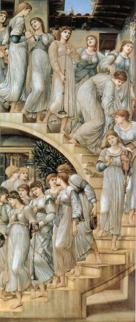 "The Golden Stairs" from 1880, one of the best-known paintings by the Pre-Raphaelite artist Edward Burne-Jones. The painting features Florence Farr and her friend, May Morris, alongside other of Burne-Jones' favorite models at the time, such as his daughter, Margaret. The painting depicts the women as dreaming musicians, a role Florence will get closer to in her acting career.