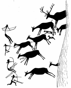 "Mural painting of a Paleolithic deer hunting scene from the Horse Cave of Barranco de Valltorta, Spain."