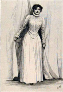 Florence Farr portraying the New Woman, Rebecca West, from Henrik Ibsen's "Rosmersholm". Florence was the first woman to play this role in England. Portrait by H.M. Paget - her sisters husband.