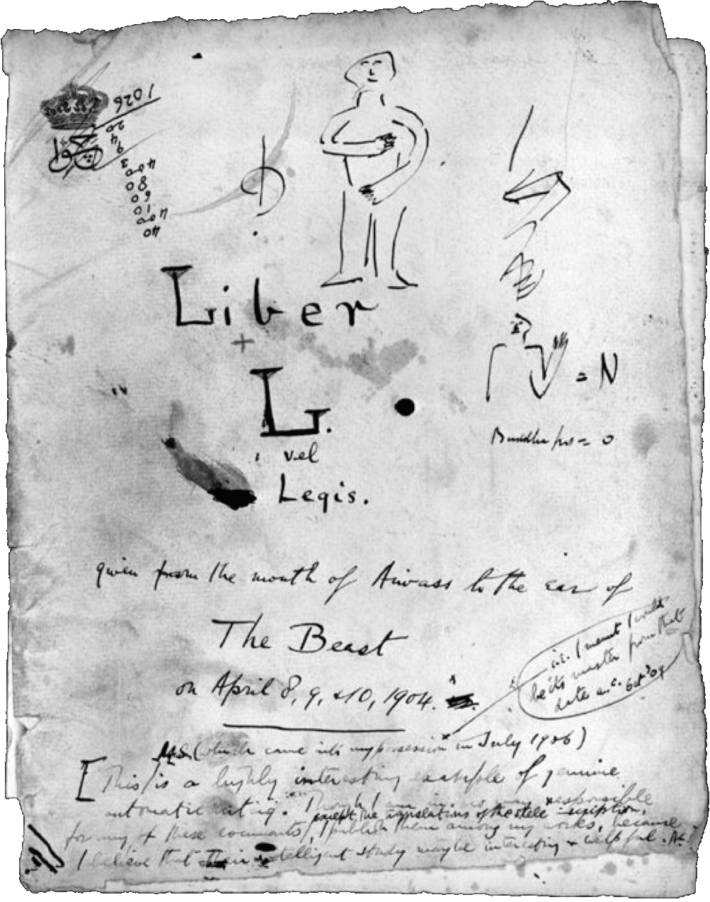 Cover sheet of the handwritten manuscript for the later Liber Legis, published by aleister Crowley