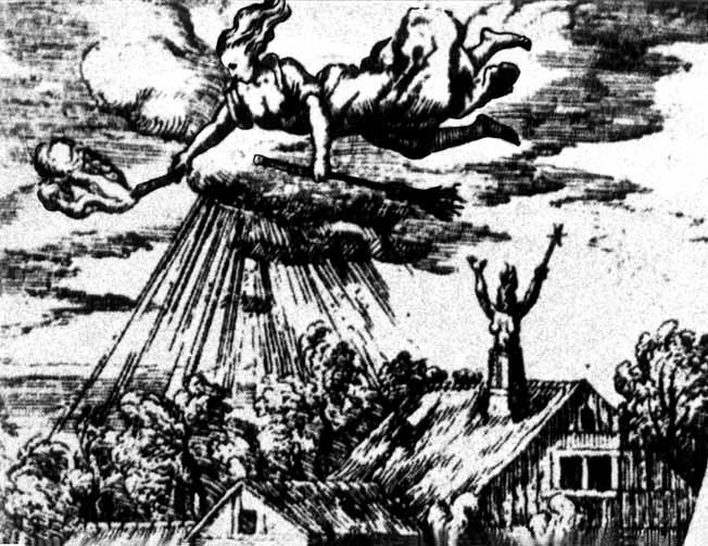 "Witches near Treves", engraving from about 1600. Witch riding on her broom in the sky. 