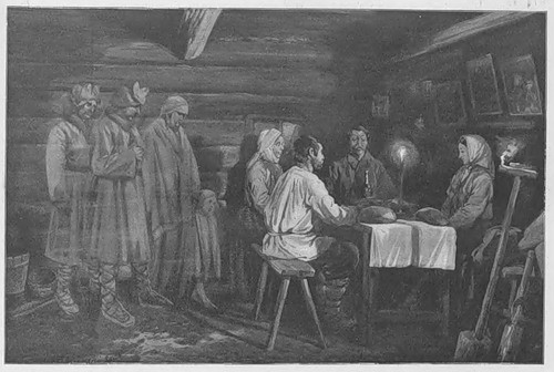 Sacrificial supper. "Forefathers, great-grandfathers, come to us!", painting by Stanisław Bagieński