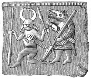 Engraving of a Vendel era bronze plate (Öland, Sweden) – depicting a berserker following Oden.