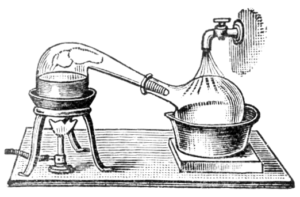 Alchemical distillation using a retort. The retort is an advancement of the alembic: a medieval device consisting of two glass vessels connected by a tube. The retort already contains the tube which connects to the destillation flag. . 