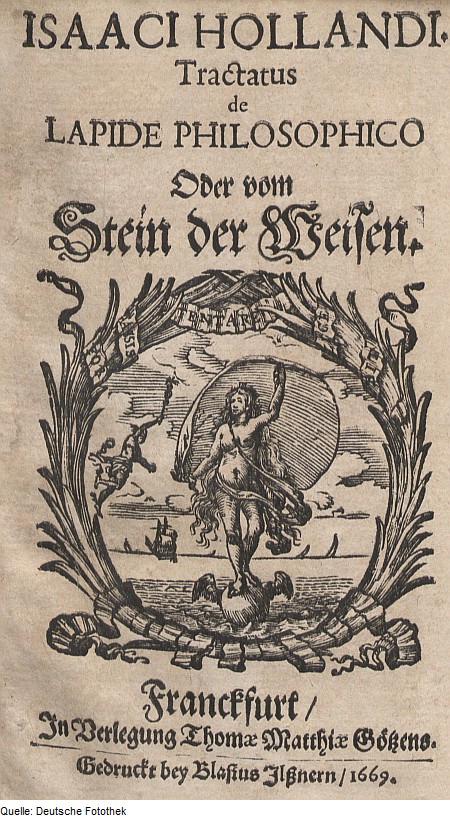 Cover page of (Johnann) Isaac Holandus treatise on the philosopher's stone. Woodcut on paper, Frankfurt, 1669. 