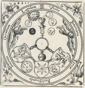 Alchemical Motto VITRIOL in the Viridarium chymicum (Chymisches Lustgärtlein) from 1624 by Stolz von Stolzenberg. VITRIOL being short for »Visita interiora terrae, rectificando invenies occultum lapidem«