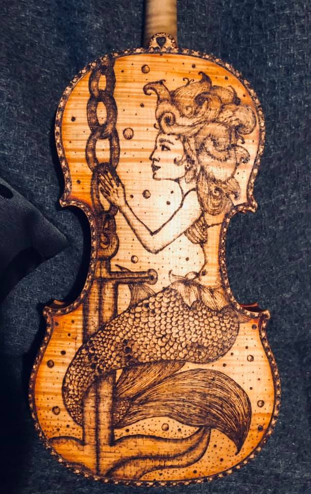 pyrographed violin - mermaid motive